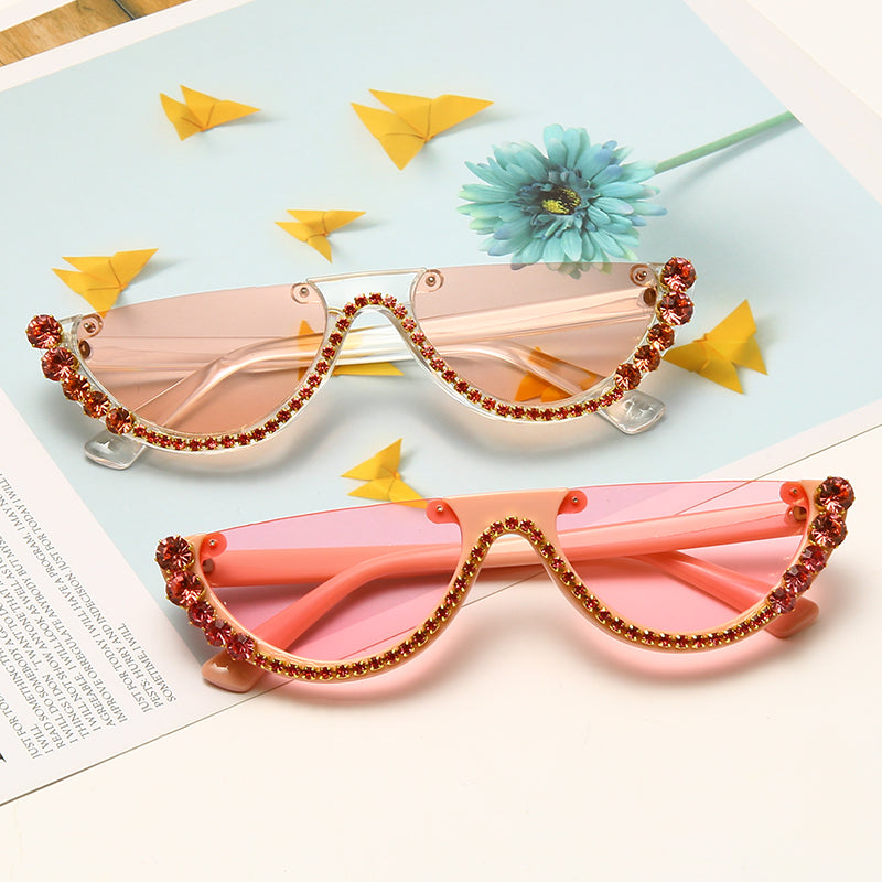 Dazzle Rhinestone Half Frame Cat Eye Sunglasses