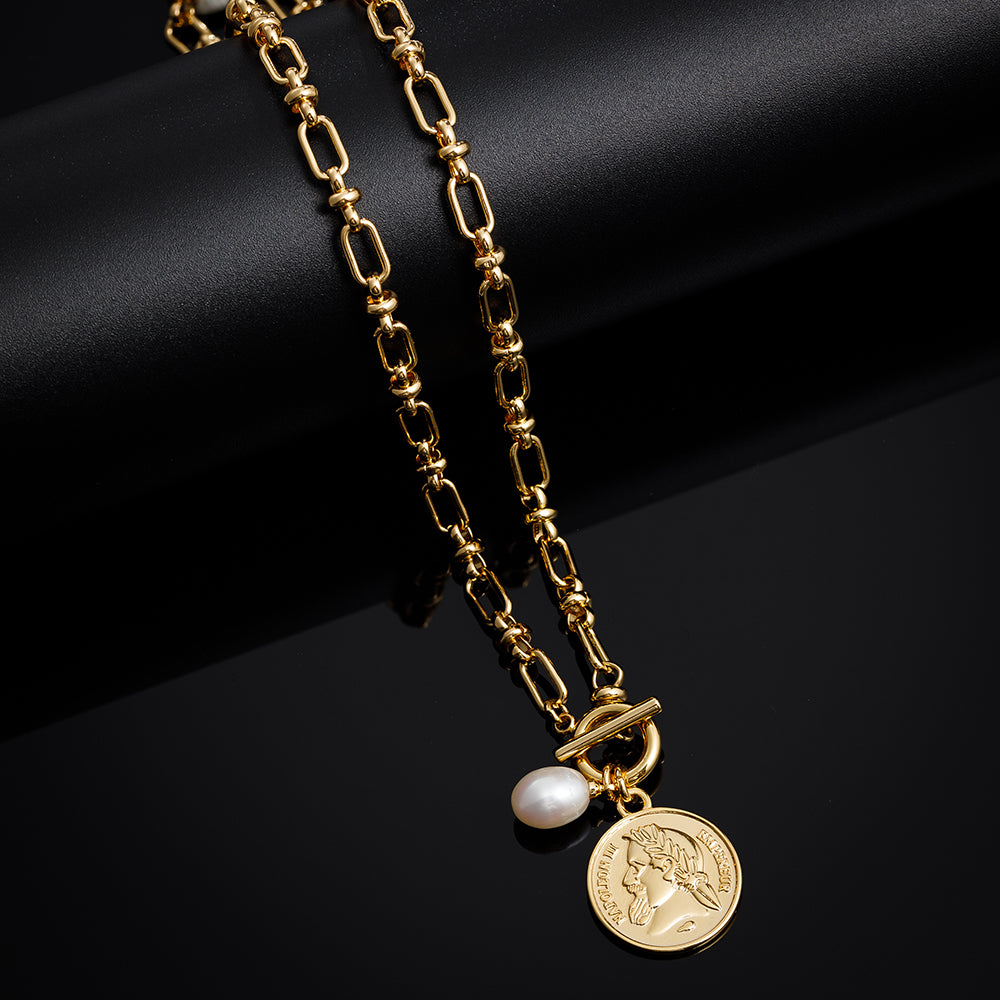 Unique Pearl Coin Gold Plated Lariat Necklace